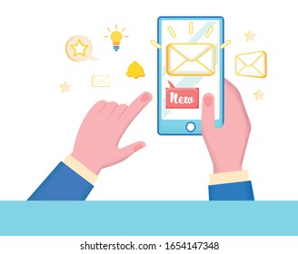 Bright Flyer Receiving New Letter Cartoon Flat. Illegal Campaign Large Scale Advertising Distribution is Carried Out in Customer Bases. Mens Hands are Holding Smartphone, on Screen New Letter.