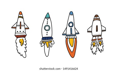 Bright flyer set handdrawn rockets, cartoon flat. Different spaceships and rockets flying in empty space. Transport for interplanetary flights. Investigations solar system and other galaxies.