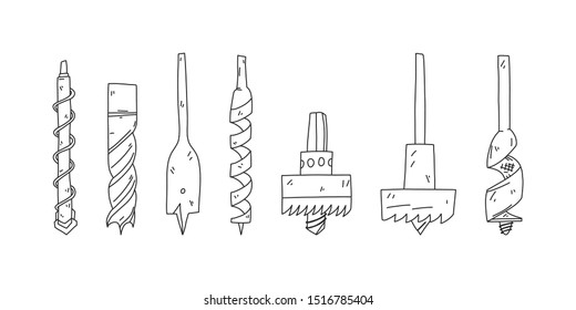 Bright flyer set sketch drill bit hand drawn. Drills for punch, different types and purpose. Drills for working with different materials. Tool for drilling concrete iron and wood. Vector illustration.