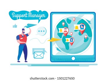 Bright Flyer Support Manager Lettering Cartoon. E-mail Marketing Tool for Online Promotion. Man Launches Paper Airplane Directing it to an Electronic Device Flat. Vector Illustration.