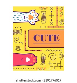 Bright flyer with tomcat paws. Vivid colorful brochure with fluffy paws. Domestic animals and pets concept. Template for promotional leaflet or poster