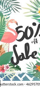 Bright flyer with tropical plants. Sale banner template and special offer. 50 off. Vector illustration. The flyer can be used for a beauty salon, a clothing store, cosmetics.