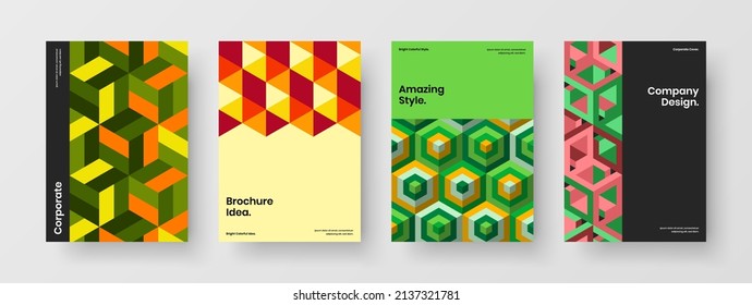 Ilustración de diseño vectorial de volante brillante. Composición de la tarjeta postal de hexagones de mosaico creativo.