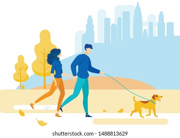 Bright Flyer Walk Through Countryside Park Flat. Vector Illustration.  Young Couple Went for  Walk Out Town. They Spend Time Together, Hold Hands and Walk their Dog. Rest from Noise Big City.