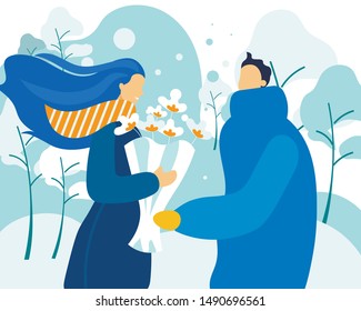 Bright Flyer Winter Bouquet for Couple in Love. People in Love make Nice Little Things to Each other. Man and Woman in Warm Clothes Meet on Street, Guy Gives Flowers. Vector Illustration.