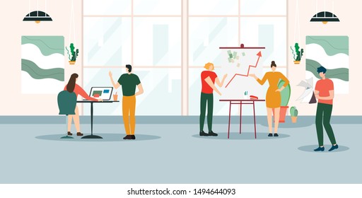 Bright Flyer Working Atmosphere in Office Flat. Successful Management Approach to Enterprise Management. Woman Shows Diagram, Man Stands Nearby. Success Presentation. Vector Illustration.