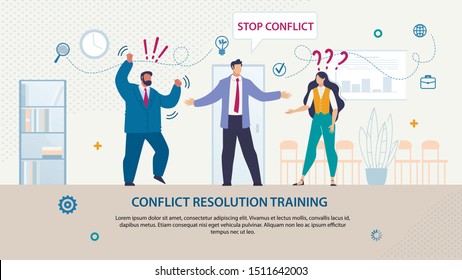 Bright Flyer Written Conflict Resolution Training. Banner Inscription in Cloud Stop Conflict. Guy Stands between Boss Man in Suit and Female Employee. Trying on Team. Vector Illustration.