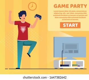 Bright Flyer is Written Game Party Cartoon Flat. Advertising Banner Balance Work and Personal Time. Poster Guy is Standing Watching Tv in Room and Holding Joystick. Vector Illustration.