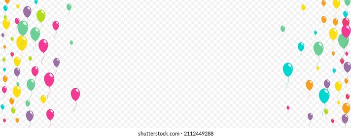 Bright Flying Balloon Vector Panoramic Transparent Background. Joy Ballon Template. Cute Celebrate Poster. Color Helium Baloon Banner.
