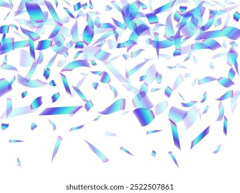Bright flying confetti decoration vector background. Blue  hologram particles new year vector. Surprise burst party confetti. Prize event decoration illustration. Gift streamers.