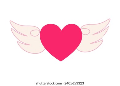 Bright flying heart with pink wings for Valentine's day. Love illustration on white background. Cartoon element for holiday patterns,  designs