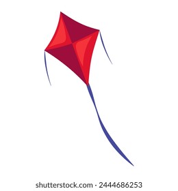 Bright flying kite with long fabric tail. Toy paper kite. Summer vacation icon. Simple flat cartoon vector isolated on white background
