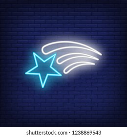 Bright flying star neon sign. Luck, success or advertisement design. Night bright neon sign, colorful billboard, light banner. Vector illustration in neon style.