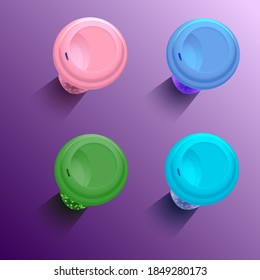 Bright foam or paper cups for tea, coffee to go, with drop shadow. Top view