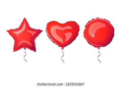 Globos de lámina brillante, globos rojos, estrella, círculo, corazón. Globos metálicos de aire en forma de redondo, estrella, corazón. Ilustración vectorial.