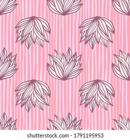 El arbusto de follaje brillante, patrón sin fisuras con contorno morado. Fondo con tiras rosas. Obra de arte estilizada. Ideal para envolver papel, textil, papel de tela y papel pintado. Ilustración vectorial.