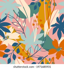 Bright foliage creative collage contemporary seamless pattern. Cutout florals leaves and shapes illustration background. 