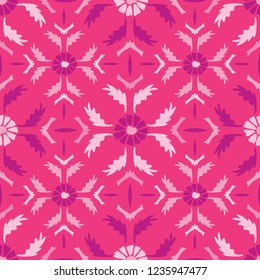 Bright Folk Art Daisy Quilt All Over Print Vector. 1950s Style Daisies Leaves Seamless Repeating Pattern on Pink Background. Hand Painted for Summer Fashion Print, Stationery, Retro Garden Packaging.