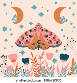 Bright Folk art Moths pattern vector illustration