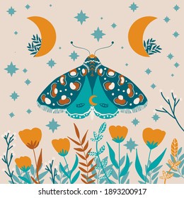 Bright Folk art Moths pattern vector illustration