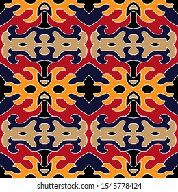 Bright folk background in Aztec style. Ornate ethnic seamless pattern for fabric, textile, embroidery, wrapping paper. 
