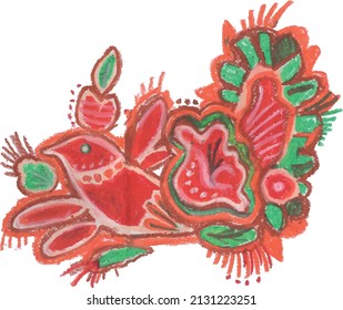 Bright folk picture with bird and flowers, vector