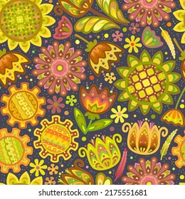 Helles, nahtloses Blumenmuster mit einer Vielzahl von großen dekorativen ungewöhnlichen Blumen in natürlichen Farben. Das Muster kann als Zeichnung auf Stoff, als Dekoration von Deckeln, Verpackung, Packpapier verwendet werden.