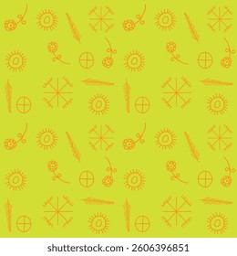 Bright folk-inspired pattern with suns, floral elements, and geometric details on a yellow background. Traditional decorative ornament for fabric, wallpapers, and prints.