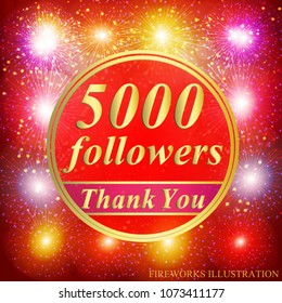 Bright followers background. 5000 followers illustration with thank you on a ribbon. Vector illustration.