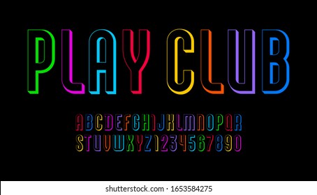 Bright font, alphabet from colorful contour, multicolored letters and numbers for you design, vector illustration 10 eps