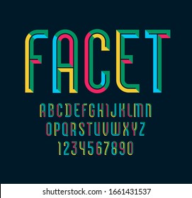 Bright font, colored alphabet from chiseled block, beveled Latin letters from A to Z and Arab numbers from 0 to 9 for you designs, vector illustration 10EPS