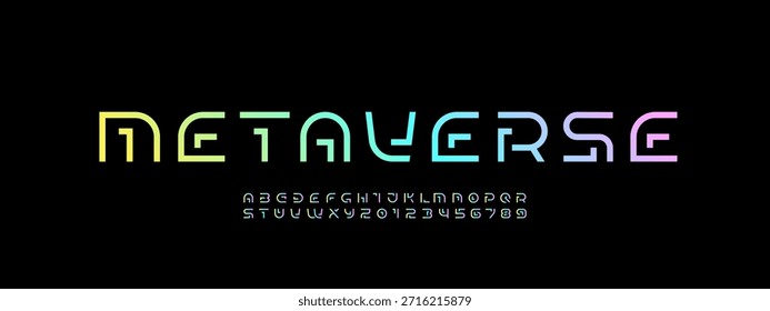 Bright font neon alphabet from segment line, multi colored technology style letters, and numbers, vector illustration 10EPS