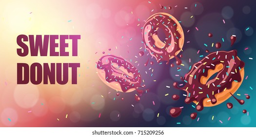 Bright food card. Donuts with chocolate glaze falling on chocolate background. Splashes of  glaze  and colored sprinkles. . Vector background, horizontal banner