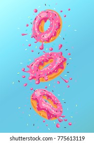 Bright food card. Donuts with pink glaze falling on blue background. Splashes of pink glaze and colored sprinkles. Vector illustration