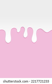 Bright food card. Sweet realistic milk. Pink background with milk drips. Dripping milk. White milk. Food delicious card. Vector illustration