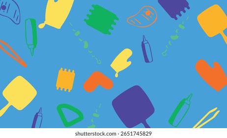 Bright food items like skewers, mitts, and bottles on a sky blue background. Perfect for kitchen, recipe, and food-related projects.