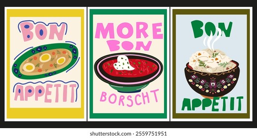 Bright food poster in cartoon retro style. Traditional Ukrainian cuisine. Borscht, salo, varenyky. Vintage food home decor for wallpaper, wall decor, prints. Modern hand drawn text