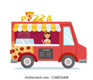 Bright food truck with pizza. Chef girl inside. Pizza menu and sign on top. Red car delivery. Food festival. Vector isolated.