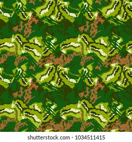 Bright forest camouflage of various shades of green and orange colors. It is a colorful seamless pattern that can be used as a camo print for clothing and background and backdrop or computer wallpaper