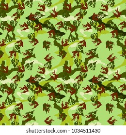 Bright forest camouflage of various shades of green and red. It is a colorful seamless pattern that can be used as a camo print for clothing and background and backdrop or computer wallpaper