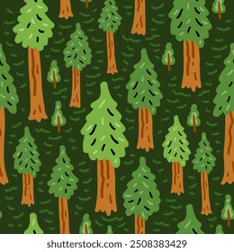Patrón transparente de dibujos animados de bosque brillante. Naturaleza de fondo de árboles de niño alegre.