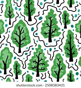 Patrón transparente de dibujos animados de bosque brillante. Naturaleza de fondo de árboles de niño alegre.