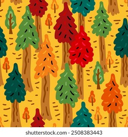 Bright forest cartoon seamless pattern. Nature cheerful child trees background.