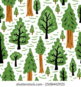 Bright forest cartoon seamless pattern. Nature cheerful child trees background.
