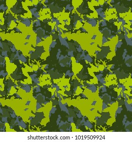 Bright forest spring or summer camouflage with shades of green and gray. It is colorful seamless pattern that can be used as a camo print for clothing and background and backdrop or computer wallpaper