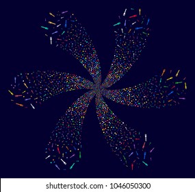 Bright Fork rotation composition on a dark background. Hypnotic vector flower with six petals done from scatter fork symbols.