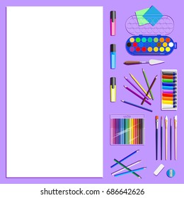 Bright frame of artists supplies. Drawing  tools. Stationery and workplace in flat style. School equipment. Top view. Background with Items for creator, artist, designer  