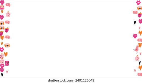 Bright frame background with Valentine's Day elements. Blank postcard, invitation to a holiday, wedding. Doodle. Vector illustration.