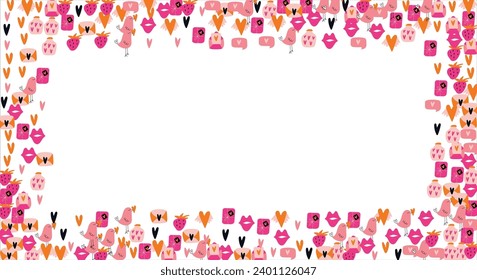 Bright frame background with Valentine's Day elements. Blank postcard, invitation to a holiday, wedding. Doodle. Vector illustration.