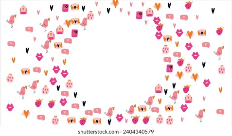 Fondo de marco brillante con elementos de San Valentín. Postal en blanco, invitación a vacaciones, boda. Doodle. Ilustración vectorial.